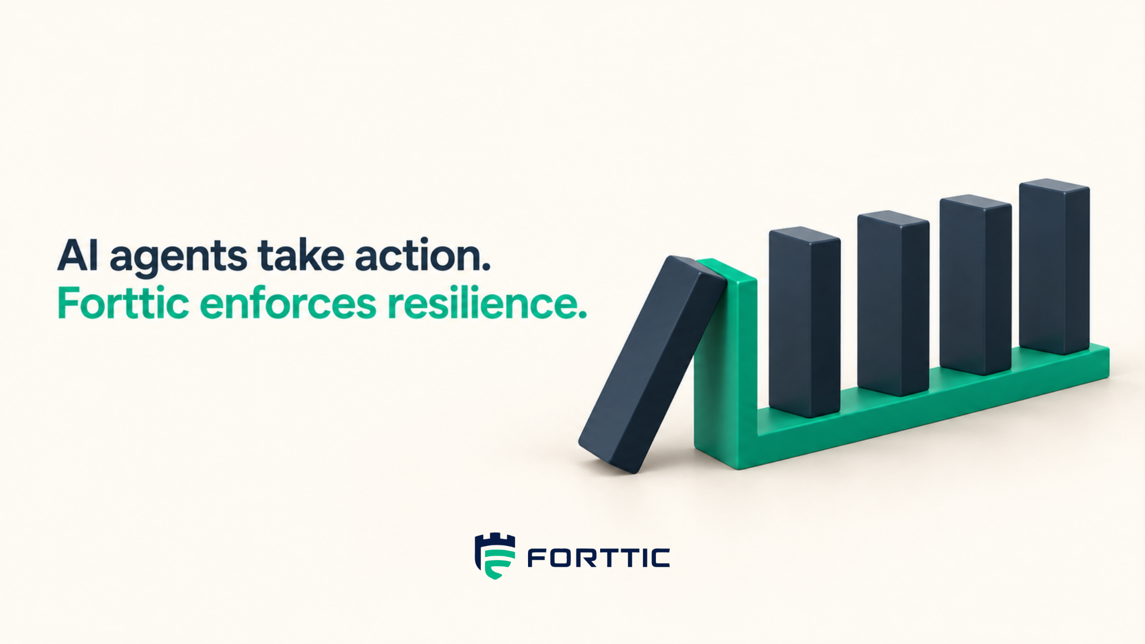 A navy domino tipping toward four standing blocks on a teal rail — AI agents take action; Forttic enforces resilience.
