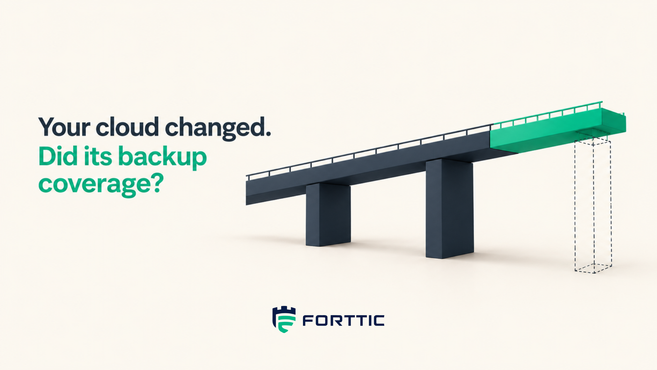 A navy span with a teal extension and a missing pier outlined in dashed lines — your cloud changed; did its backup coverage?