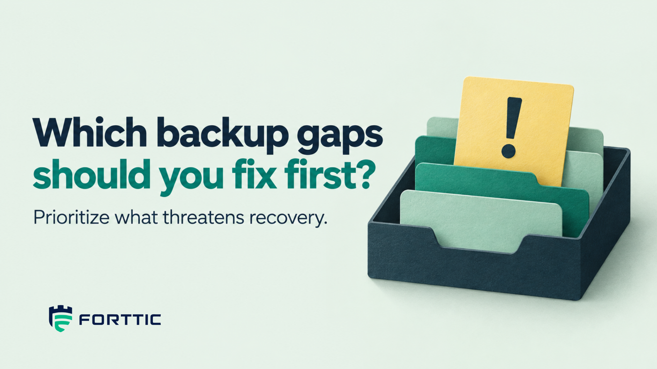 A navy tray of green folders with a yellow card marked by an exclamation point — which backup gaps should you fix first.