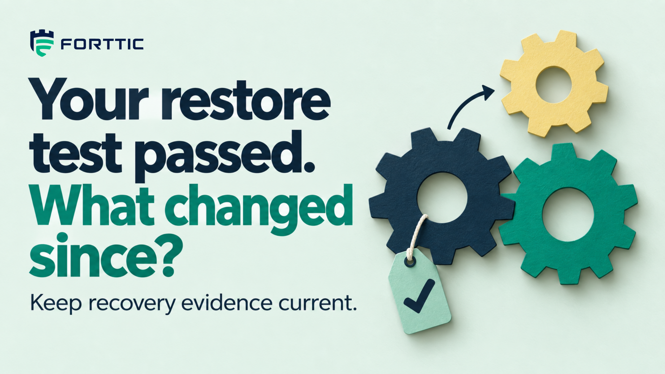 Three gears in navy, green, and yellow, with a checked tag on the navy gear — your restore test passed, what changed since.
